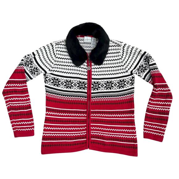 Vtg Villager Sport Petite M Fair Isle Sweater Faux Fur Collar Full Zip Holiday - Picture 1 of 10